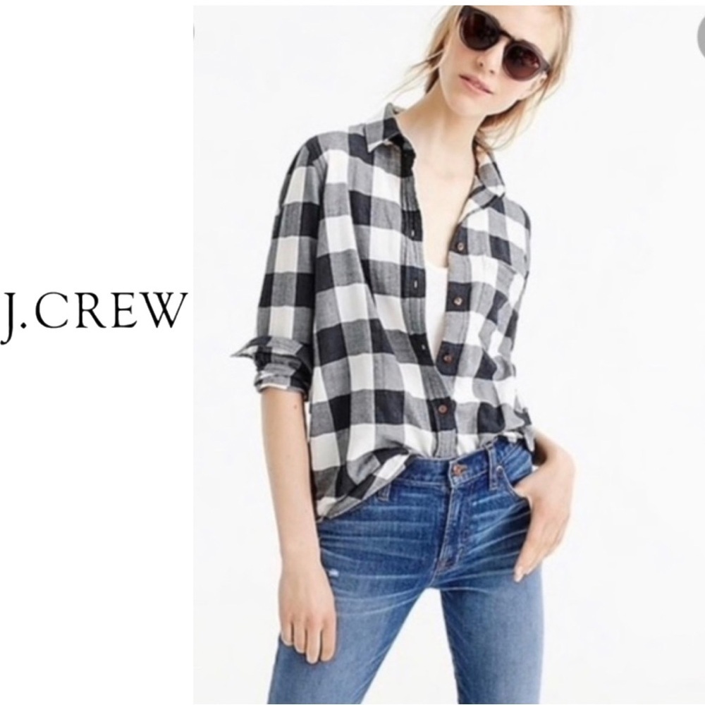 J. Crew Black White Plaid Button Shirt 6 medium flannel boy fit cotton stretch